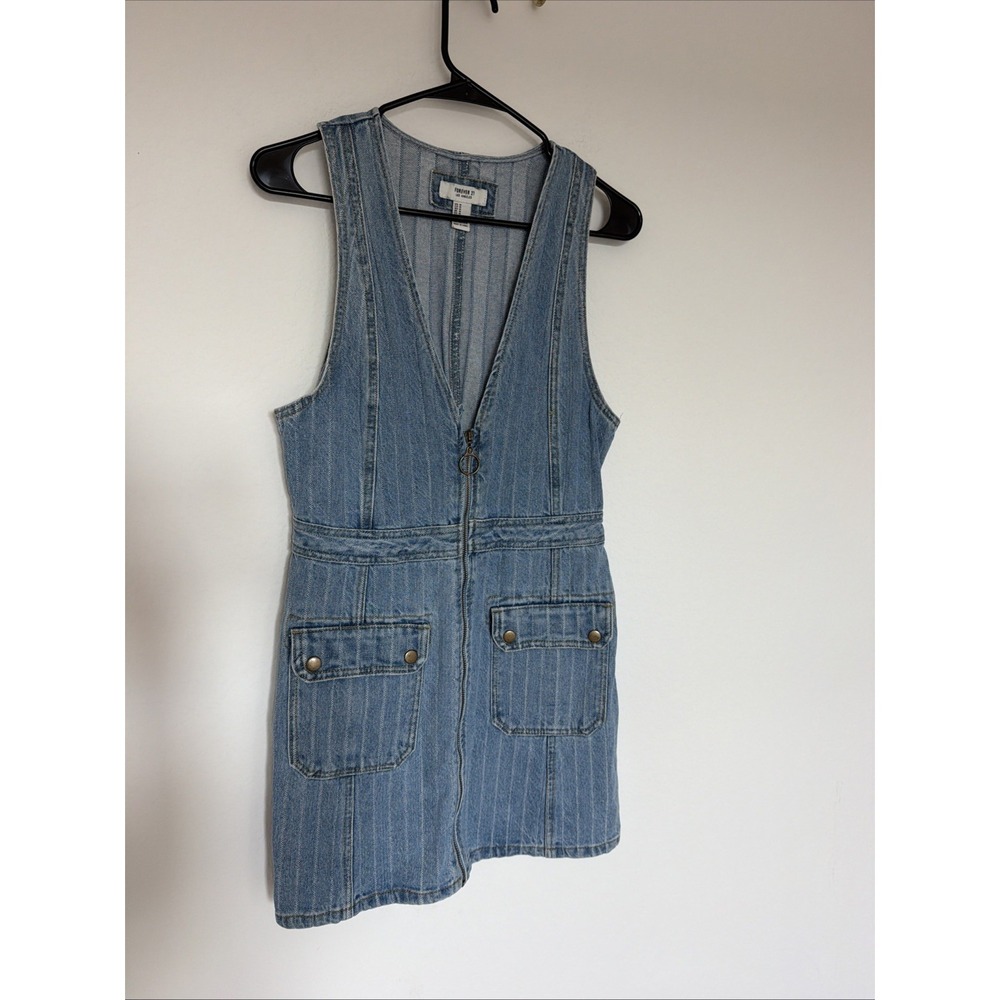 Forever 21 Womens Denim Jean Dress Size Medium Full Zip Sleeveless Pockets Mini